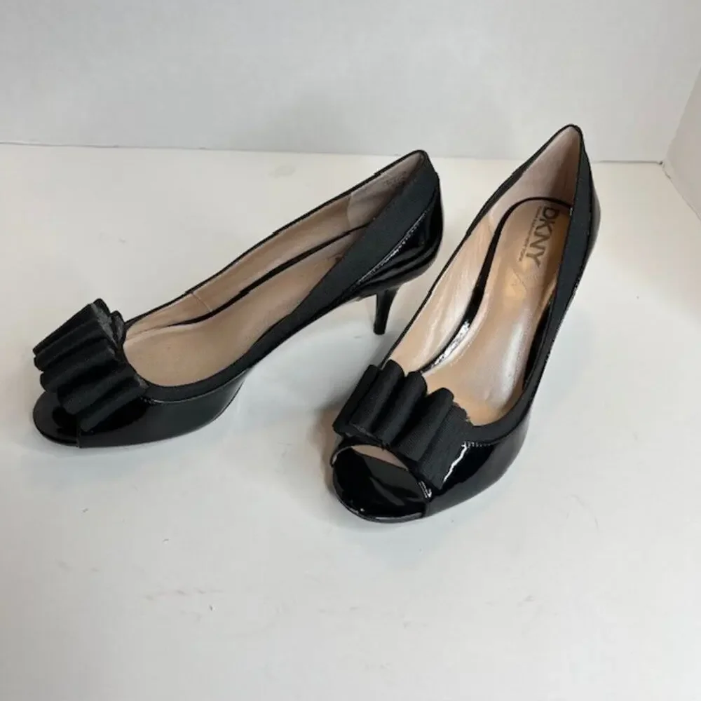 DKNY Black Patent Peep Toe Bow Heels Size 9 Elegant Feminine NWOB